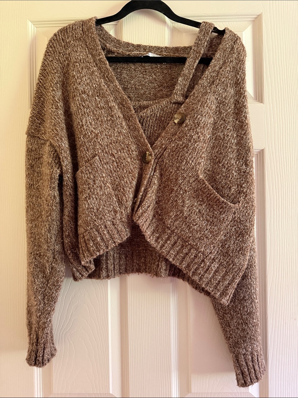 Zara Marled Brown Button-Front V-Neck Cardigan